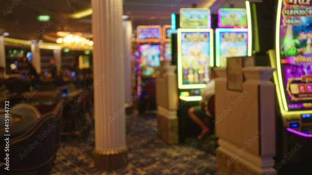 Blurred view of people in a vibrant las vegas casino with slot machines and lights creating a lively atmosphere indoors. Blurred view of people in a vibrant las vegas casino with slot machines and lights creating a lively atmosphere indoors.