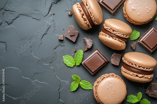 Delicious Chocolate Macarons Arranged With Mint Leaves on a Dark Textured Sur...