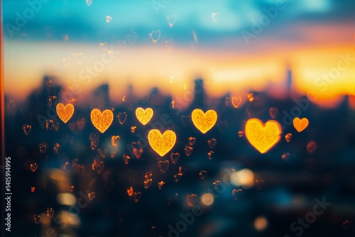 Evening Lights Create Heart Shapes Against a Sunset Skyline in a City