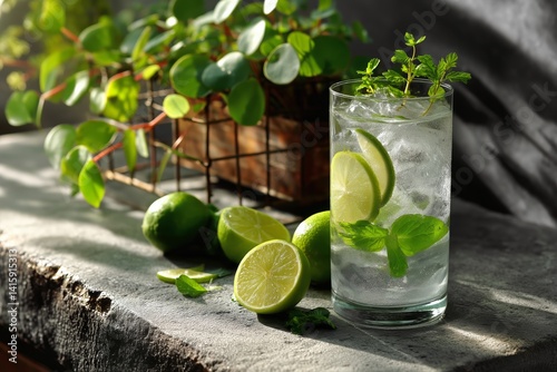 Refreshing Cocktail With Mint and Lime on a Rustic Table in a Cozy Setting