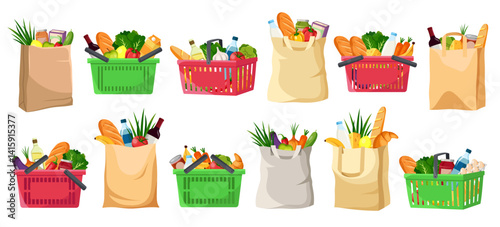 Set of grocery bags and baskets filled with vegetables, bread, and beverages on a white background. Concept of shopping and fresh food. Vector illustration