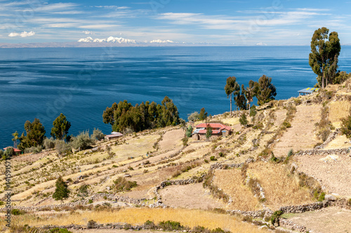 Titicaca Lake from Taquile Island in the peruvian Andes at Puno Peru. photo