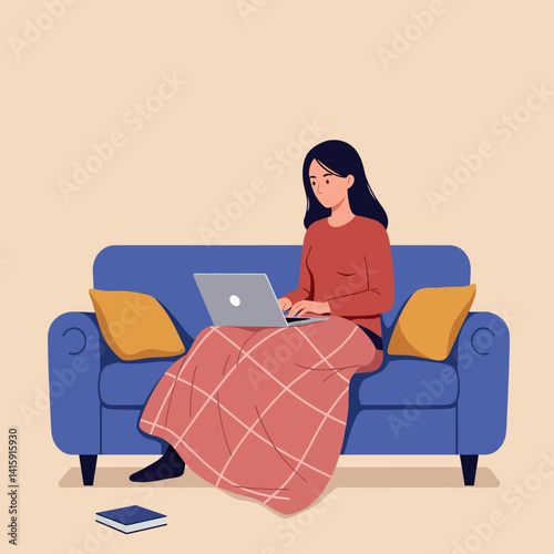 Woman sitting on blue sofa working on laptop wearing red top and checkered skirt flat style vector illustration