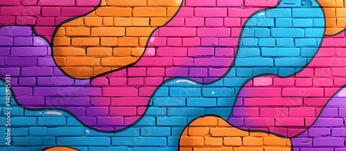 A vibrant brick wall adorned with lively, colorful graffiti