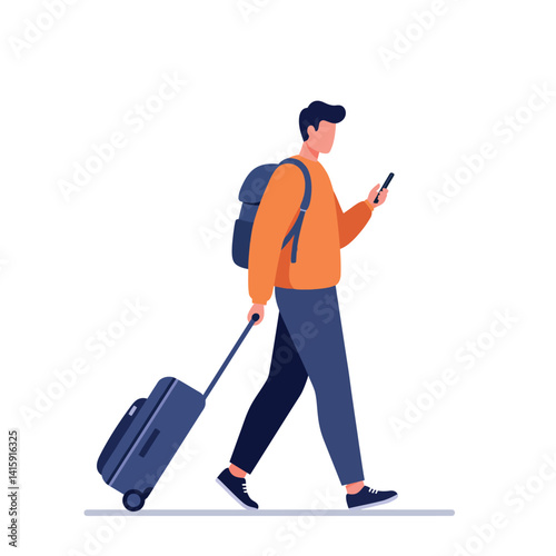 Young man walking with rolling suitcase and backpack looking at phone in flat modern travel vector illustration
