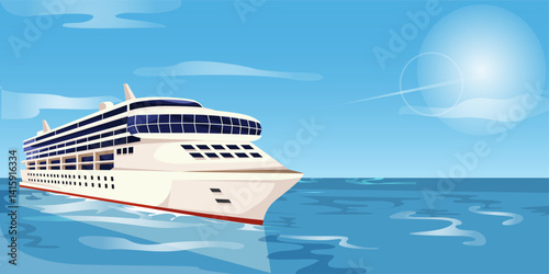 Large luxury cruise ship sailing on calm ocean, flat graphic style, with clear blue sky background. Concept of travel and vacation. Vector illustration