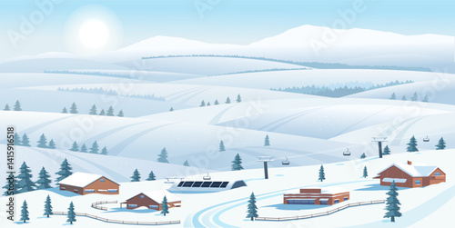 Snowy ski resort with cabins, chairlifts, and pine trees on hilly terrain, flat style, blue sky background. Concept of winter tourism. Vector illustration