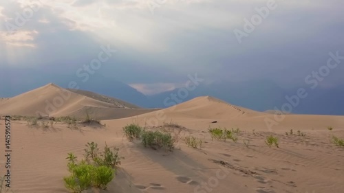 Scenic desert landscape with sand dunes and distant mountains