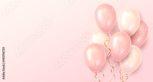 Glossy pink and cream balloons with golden curling ribbons floating on a soft pastel pink gradient background. Celebration concept. Vector illustration