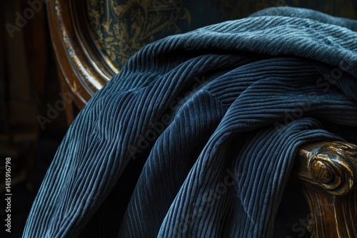 Deep blue corduroy fabric draped on an antique wooden chair, showcasing texture and elegance.