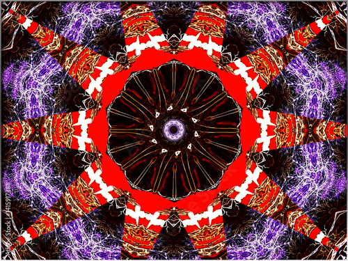 A vibrant kaleidoscopic pattern features an intriguing combination of colors and intricate geometric designs, creating a mesmerizing visual effect. With bold reds, purples, and whites.