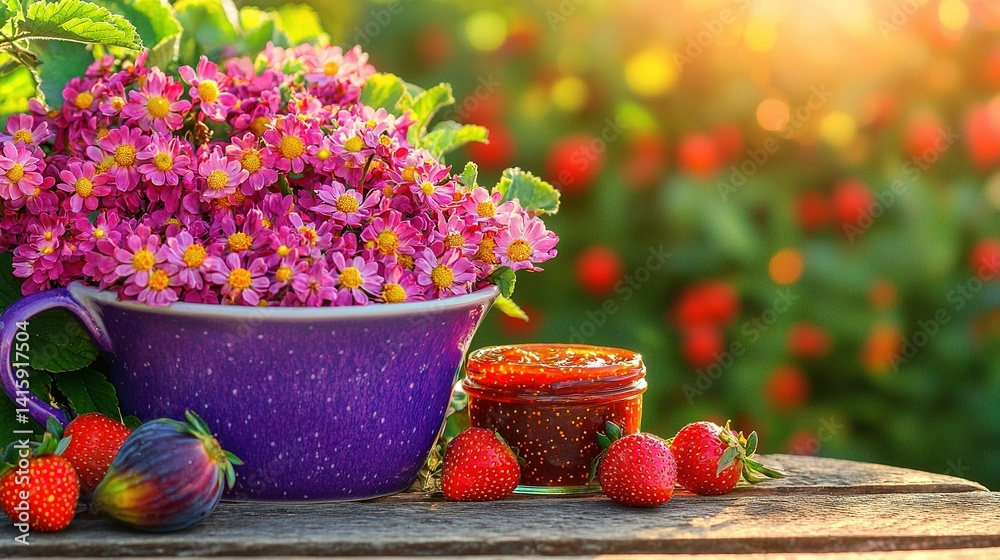 Naklejka premium A cup of purple liquid with pink flowers, strawberries, and jam on a wooden table