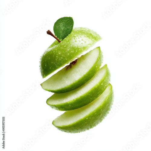 Sliced green apple with leaf detail on white background