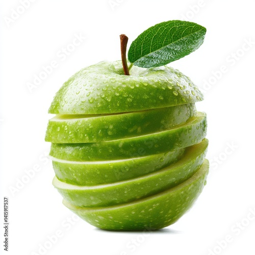 Sliced green apple with leaf on white background