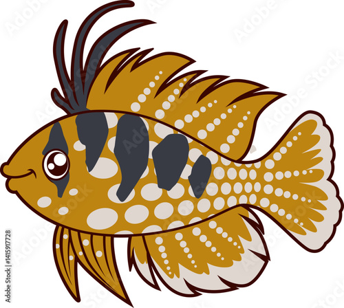 Der Schmetterlingsbuntbarsch zeigt sich goldfarben mit markanten Streifen und Punkten.
