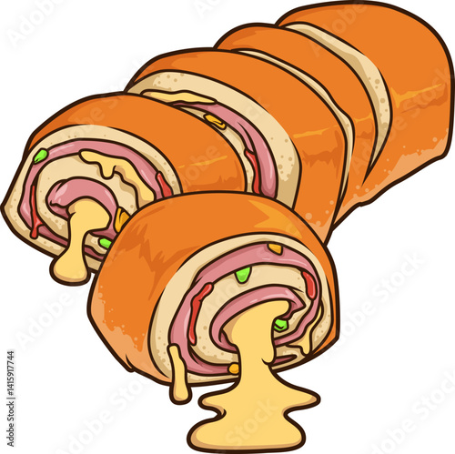 Aufgeschnittener Stromboli mit geschmolzenem Käse, Wurst und Gemüsefüllung.
