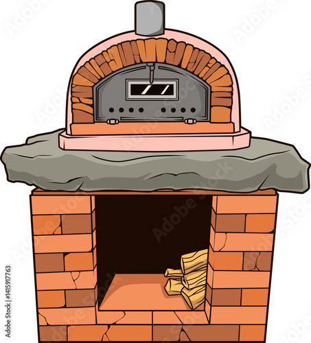 Backsteinofen für Pizza – traditioneller Holzofen im charmanten Comicstil.

