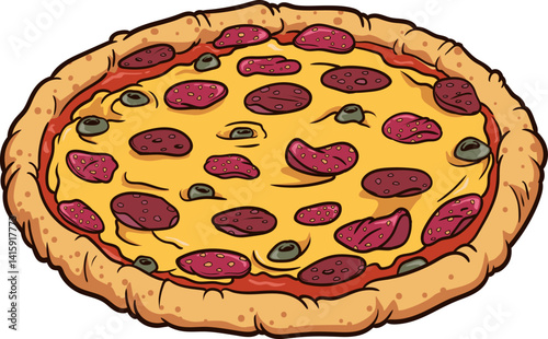 Große Käsepizza mit Wurst und Oliven – appetitliches Motiv für Food-Designs.

