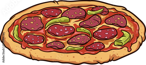 Knusprige Pizza mit Salami, Peperoni und Käse – klassisches Fastfood-Motiv im Comicstil.
