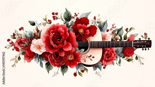 Obraz na płótnie Acoustic guitar is adorned with vibrant red and pink flowers, accompanied by green foliage on a plain background. w salonie