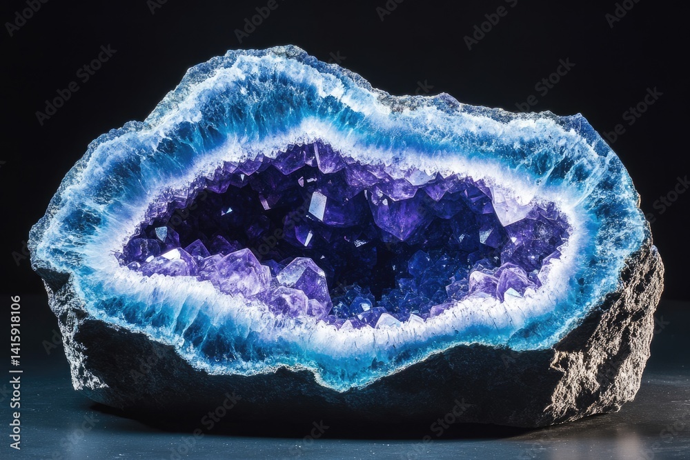 Amethyst geode with vibrant purple crystals inside a stunning blue cavity, a mesmerizing natural wonder. Amethyst geode with vibrant purple crystals inside a stunning blue cavity, a mesmerizing natural wonder.