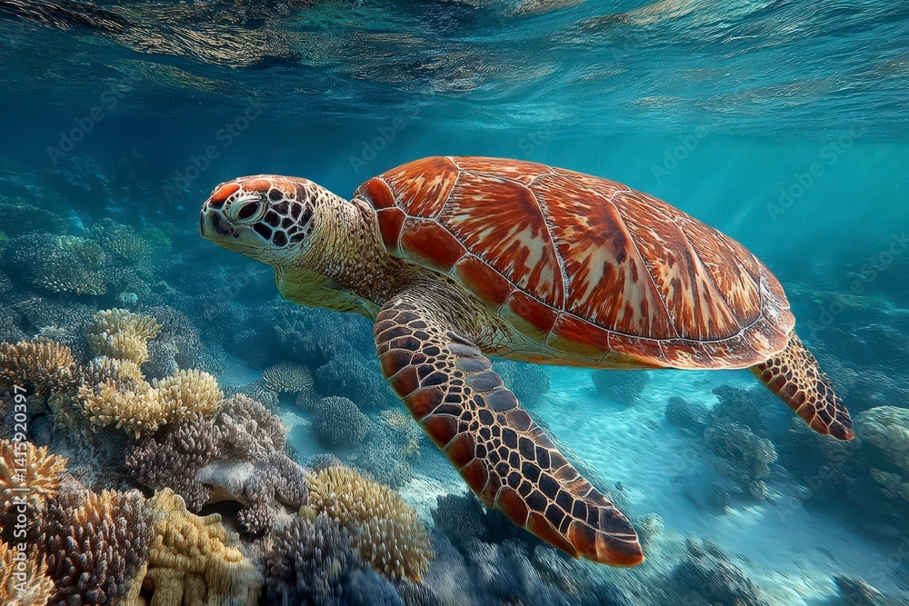 Obraz premium Underwater turtle swimming gracefully near vibrant coral reefs.