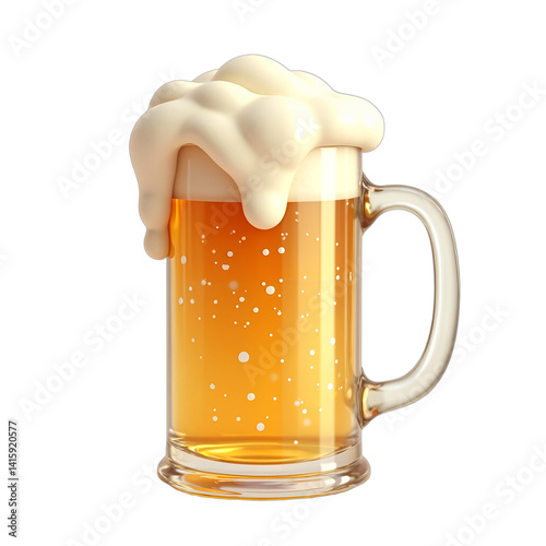Frothy amber beverage in glass mug, 3D render illustration isolated on transparent background. Refreshing beer with foam, ideal for drink ads, summer, party design.