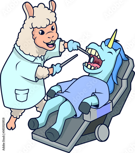 Alpaka-Zahnarzt behandelt Einhorn – lustige Fantasyszene mit tierischem Humor.
