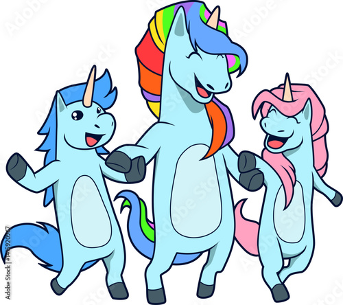 Fröhliche Einhornfamilie im Tanz – magisch-buntes Fantasymotiv voller Freude.
