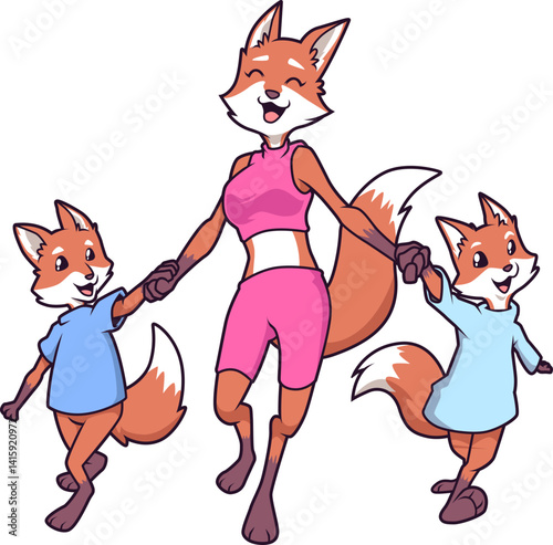 Fuchsmutter mit ihren Kindern – niedliche Szene voller Liebe und Familienglück.
