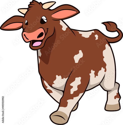 Lachendes Shorthorn-Rind mit heller Zeichnung – ideal für kinderfreundliche Bauernhof-Szenen.
