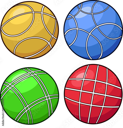 Vier glänzende Boccia-Kugeln in leuchtenden Farben – perfekt für Sportdesigns.
