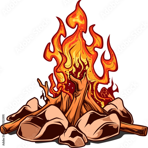Loderndes Lagerfeuer mit Steinkreis – perfekte Stimmung für Camping- und Outdoor-Designs.
