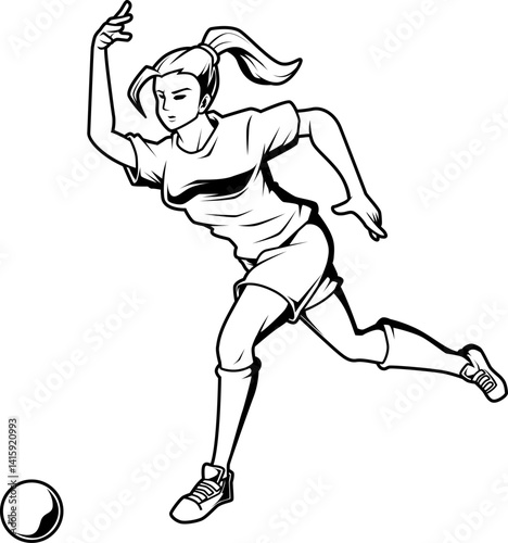 Dynamische Frau beim Boßeln – sportliche Pose in schwarzweißem Comic-Stil.
