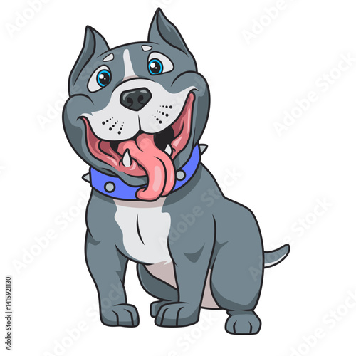 Freundlicher Pitbull mit breitem Grinsen und heraushängender Zunge.
