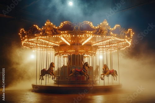 A vintage carousel stands still, bathed in a warm, ethereal glow, shrouded in mystical fog.