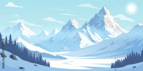 Majestic snow-covered mountain range with pine trees under a clear blue sky, bright sunlight and shadows create a peaceful winter atmosphere. Vector illustration