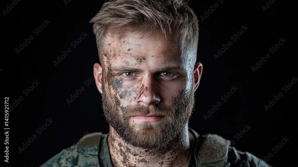 Obraz premium Tough soldier, covered in mud. Determined look