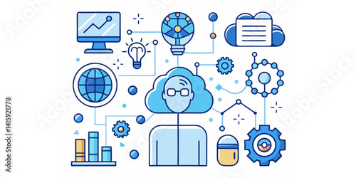 Cloud Computing, Data Science, and Technology Icons Representing Digital Innovation, AI Solutions, and Smart Systems for Global Connectivity