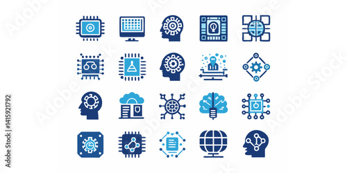 AI, Technology, and Digital Systems Icons Representing Cloud Computing, Data Processing, Smart Devices, and Connectivity Solutions