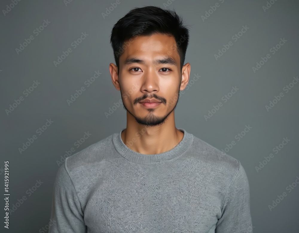 Obraz premium Handsome Asian man in casual grey sweater poses in studio. Confident adult male with modern style looking at camera. Portrait of young person with serious face on grey background.