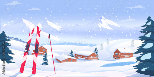 Snow-covered ski village with cabins, pine trees, and skis in foreground, flat style on mountain background. Concept of winter vacation. Vector illustration