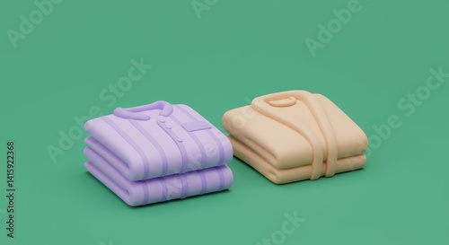 Neatly Folded Pajamas and Bathrobe Set in Pastel Colors on Green Background