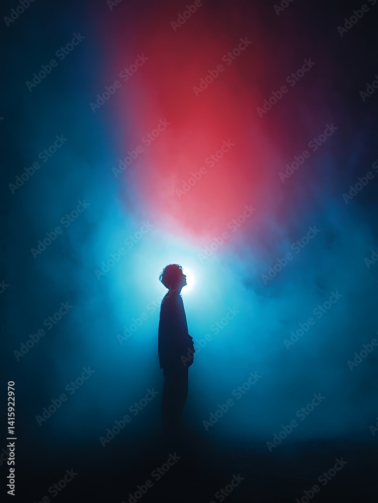 Fototapeta premium A businessman silhouette walks toward the light of an open doorway, a concept of success A figure looks up towards light.