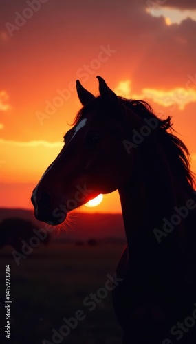 Elegant horse head silhouettes against sunset, equine, horsehead