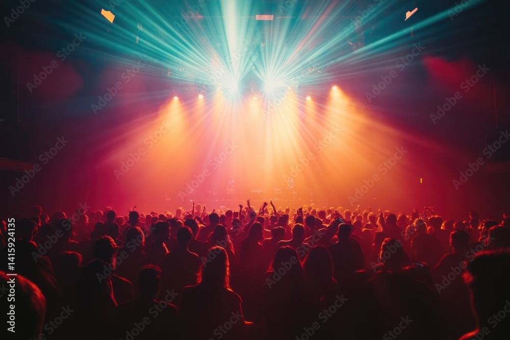 A large crowd enjoys a vibrant concert, illuminated by colorful stage lights and laser beams. A large crowd enjoys a vibrant concert, illuminated by colorful stage lights and laser beams.