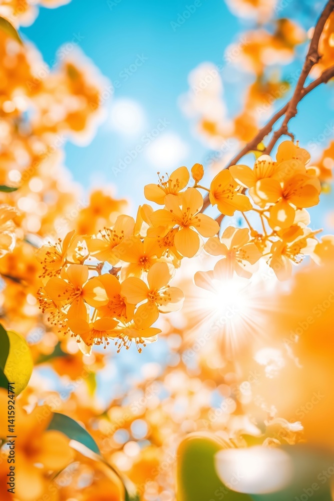 © Oleksandr Pashchenko - A bunch of yellow flowers on a tree branch with the sun shining through them © Oleksandr Pashchenko - A bunch of yellow flowers on a tree branch with the sun shining through them
