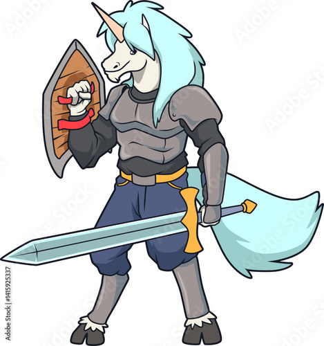 Mutiges Einhorn mit Rüstung, Schwert und Schild – edler Fantasy-Krieger in magischer Gestalt.
