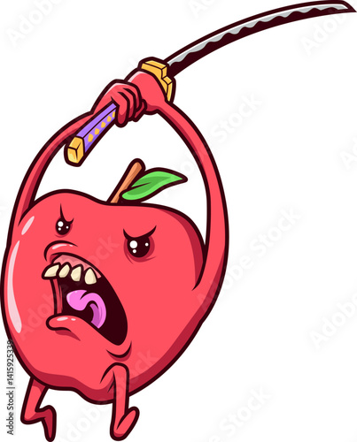 Wütender Apfel mit Katana – fantasievolle Fruchtfigur als Krieger in Aktion.

