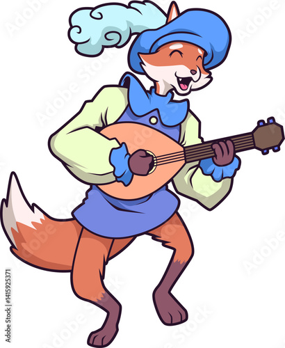 Lachender Fuchs in Bardenkleidung mit Laute – fantasievolle Cartoonfigur im mittelalterlichen Stil.
